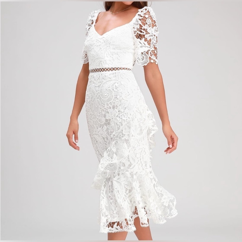 Lulu's White Sheath Dress Puff Sleeve Scoop Neck - Picture 3 of 10